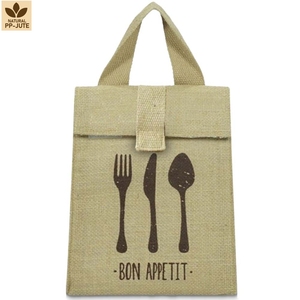 Sac à déjeuner isotherme en jute avec logo personnalisé et rabat supérieur, 19,5x24x10cm, doublure en aluminium, sac isotherme pour aliments, vente en gros, fabricant OEM, exportateur - Product Image 2