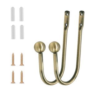 Antique Brass U-Shape <b>Curtain</b> Holdbacks <b>Wall</b> Hooks with Ball End Strong Double Hole Fixing - Product Image 3
