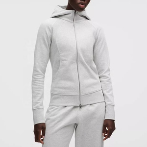 Ropa Deportiva para Mujer, Chaqueta de Forro Polar con Capucha y Cremallera Completa, Manga Raglán, Color Sólido, Ropa Deportiva, Sudadera de Punto de Poliéster Gris, Otoño - Product Image 1