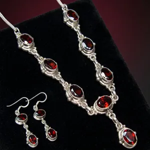 Red Garnet Sterling Silver Handcrafted Necklace Earrings Jewelry Set With Elegant Link Design Natural Gemstone For Women - Product Image 2