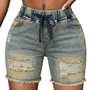 Womens High Waist Drawstring Distressed <b>Denim</b> Shorts Vintage Wash <b>Stretch</b> Casual Summer Jean Shorts OEM Manufacturer Supplier - Product Image 1