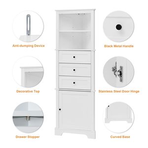 Mobile Alto Triangolare Bianco con 3 Cassetti Regolabili in MDF Verniciato per Bagno, Cucina, Soggiorno - Product Image 4