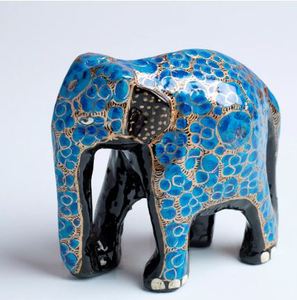 Wooden Elephant <b>Statue</b> With <b>Gold</b> Inlay Decor Indian Traditional Style Brown Color Decorative Figurine - Product Image 4