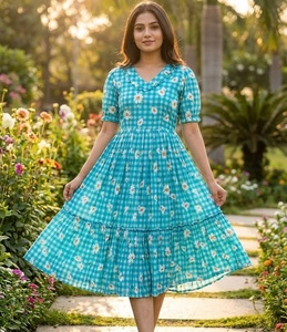 Cotton Kurtis Checks Print Floral Maxi <b>Dress</b> - Product Image 1