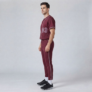 Custom Men Baseball Breathable Mesh Sportswear Full Set Button Front <b>Shirt</b> Matching Long Athletic Trousers V-Neck Full Sleeve - Product Image 4
