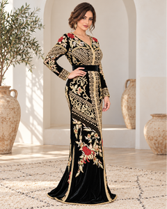 Mishkat Couture Moroccan Caftan Plum <b>Velvet</b> <b>Maxi</b> <b>Dress</b> Breathable Elegant Party Wear <b>Long</b> <b>Sleeves</b> Belt V Neck Flared Hem - Product Image 2