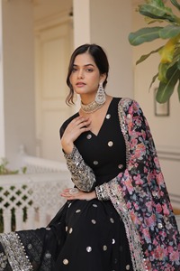 Indian Traditional Wear Faux Georgette Material Embroidery Zari Sequence Work Anarkali Gowns with Tabby Silk Embroidery Dupatta - Product Image 4