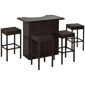 Ensemble de bar en rotin brun 5 pièces pour terrasse extérieure et jardin, comprenant une table avec plateau en verre, 4 tabourets de bar avec étagère de rangement à 2 niveaux - Product Image 1