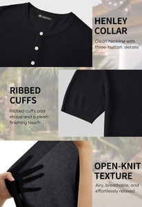 เสื้อยืดเฮนลีย์แขนสั้นถักสีดำสำหรับผู้ชาย ทรงปกติ สวมใส่สบาย ระบายอากาศได้ดี ผ้าฝ้าย 100% สีพื้น ดีไซน์คอกลม - Product Image 3