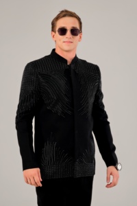 Abrigo de Diseño de Alta Costura para Boda, Negro TR Lachka Jodhpuri, con Rayos de Sol Radiantes y Borde Geométrico 3D Codificado - Product Image 4