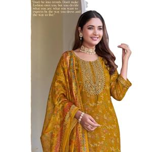 Kurti bordado de algodón puro para adultos con pantalón de bolsillo y conjunto de ropa de fiesta paquistaní India Dupatta de 3 piezas - Product Image 1