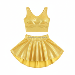 Ensemble de performance 2 pièces pour femme, style majorette, doré métallisé, avec crop top sans manches et jupe asymétrique, personnalisable OEM - Product Image 2