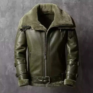 Abrigo de Piel de Oveja Genuina Marrón para Hombre con Cuello de Piel y Cremallera, Abrigo de Invierno - Product Image 3