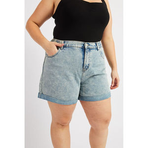 Custom <b>Elasticated</b> Waistband <b>Belt</b> Loops Pockets Tack Button Relaxed Fit Washed Summer Ladies Breathable Shorts Denim - Product Image 1