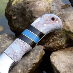 Cuchillos Plegables de Caza con Mango Curvo, Empuñaduras con Diseño de Madera Azul y Funda de Cuero Marrón Cosida para Caza y Camping - Product Image 2