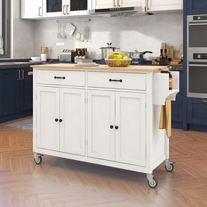 Carrello da Cucina con Piano in Legno Massello da 54,3 Pollici, Ruote Bloccabili, Armadietto a 4 Ante, Due Cassetti, Portaspezie e Portasciugamani - Product Image 1