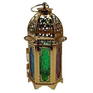Hand Crafted Metal Lantern Pair Rectangular Glass Body Circular Pattern <b>Frame</b> Pyramid Top Dark Finish Hanging Ring Vintage - Product Image 4