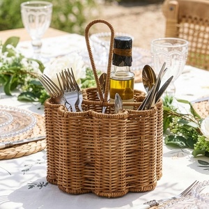 Porte-ustensiles en bois naturel, panier à couverts en rotin tressé, organiseur de cuisine, accessoire - Product Image 5