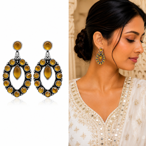 <b>Oxidized</b> Silver Antique Silver Plated Bezel Setting Yellow Chalcedony Oval Drop Earrings Handmade Ethnic Party Jewelry Women - Product Image 1