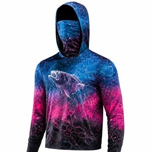 Haut de pêche camouflage attrayant avec imprimé poisson UPF 50, à manches longues, avec capuche intégrant un masque de protection solaire, séchage rapide - Product Image 1