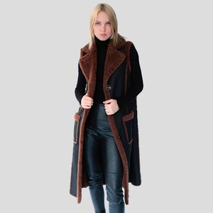 Women <b>Brown</b> Black Curly Merino Shearling Long Vest Genuine <b>Wool</b> Leather Waistcoat - Product Image 1