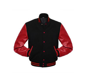 Unisex Black <b>Red</b> Waterproof Hooded Varsity Jacket Cartoon Patchwork Contrast Sleeves Striped Collar Cuffs Hem Zipper Front - Product Image 3
