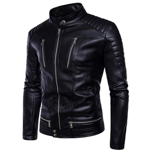 Chaqueta de moto de cuero PU negra para hombre, cuello alto, cierre de cremallera, corte ajustado, largo regular, color sólido, ropa de abrigo de otoño, venta al por mayor - Product Image 1