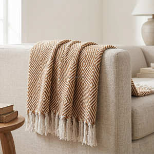 Neutral Recycled Cotton <b>Throw</b> Blanket with Subtle Linear Texture and Fringe <b>for</b> Sofa <b>Chair</b> and Relaxed Home Furnishing - Product Image 1