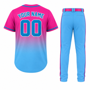 ชุดยูนิฟอร์มเบสบอลแบบซับลิเมชั่นสีชมพูไล่เฉดสีฟ้า เสื้อและกางเกงสำหรับผู้ใหญ่ ใส่ได้ทั้งชายและหญิง ระบายอากาศได้ดี ชุดทีม บริการ OEM คุณภาพสูง - Product Image 3