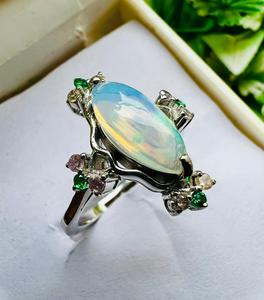 TASBIYA GEMS Vintage <b>Opal</b> Gemstone <b>Ring</b> 925 <b>Silver</b> Rhodium Plated Minimalist Prong Setting Flower Shape Women's Engagement - Product Image 4