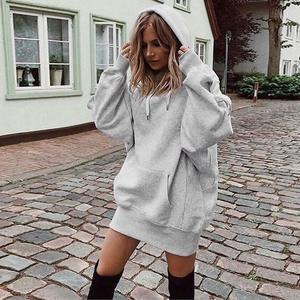 Custom Logo Printed Women's Long Sleeve Hooded Dress Wholesale Fall Winter Solid Color Pullover Front Logo Casual Style Hoodie - Product Image 4