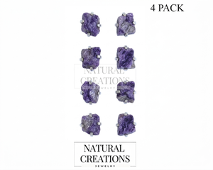 925 Silver Natural Charoite Rough Butterfly Lock Stud <b>Earrings</b> Trendy Dainty Prong Setting 4 Pairs Pack Gift Wedding Party - Product Image 2