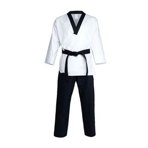 Uniforme de Taekwondo Blanco Dobok con Cuello en V Negro, Traje de Entrenamiento de Artes Marciales de Algodón y Poliéster, Uniformes con Logotipo Personalizado - Product Image 1
