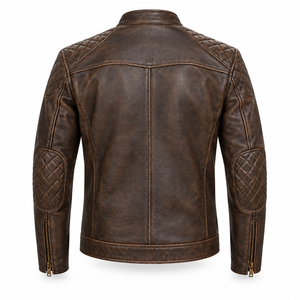 Veste Café Racer marron pour homme avec col à boutons-pression, panneaux d'épaule matelassés, patchs aux coudes, poches zippées et ferrures en laiton - Product Image 2