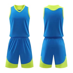 Ensemble d'uniformes de basketball personnalisés bleu et vert lime, unisexe, maillot et short vierges pour sublimation, respirant, séchage rapide, 100% coton, pour équipe - Product Image 1