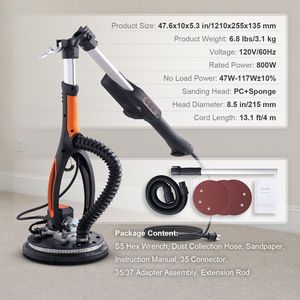 Ponceuse à cloisons sèches 800W avec moteur sans balais, vitesse variable 1000-2300 tr/min, pliable pour plafonds et murs - Product Image 3