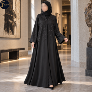 Abaya Negra Drapeada con Adornos de Cuentas Plateadas y Detalle de Abertura Frontal |   Vestido Musulmán Modesto de Longitud Completa con Mangas Largas Fluidas - Product Image 2