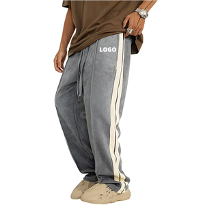 Customized Heavyweight 420G Side Webbing Embroidered Sweatpants Loose Leg Straight Pants Drawstrings Cotton Men's <b>Trousers</b> - Product Image 1