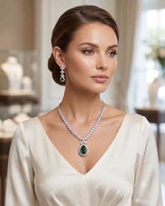 Luxury Dark Green Crystal Bridal <b>Necklace</b> Set Silver Plated American Diamond Teardrop Pendant Jewelry Set For Wedding Wholesale - Product Image 1