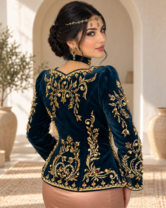 Deep Teal Velvet Elegant Moroccan Kaftan Pearl Details Copper Satin <b>Skirt</b> V Neck Flared Hem for Muslim Women Party Occasions - Product Image 4