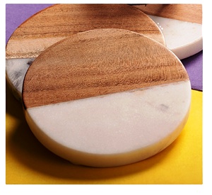 Marble <b>and</b> Wood <b>Coasters</b> <b>Set</b> of 4 Round Half Natural Wood <b>and</b> Marble Mango <b>coaster</b> Made in India - Product Image 1