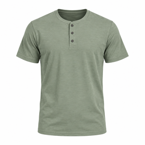 <b>Men's</b> Solid Green Short Sleeve <b>Henley</b> T-<b>Shirt</b> Regular Fit Casual Knitted O-Neck Design - Product Image 1