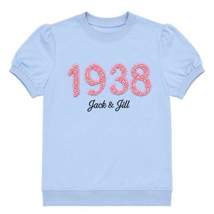 1938 เสื้อยืดสีฟ้าสำหรับผู้หญิง แขนพองประดับมุกสีชมพู ผ้าฝ้ายเนื้อนุ่ม คอกลม เสื้อแฟชั่นลำลอง ประดับตกแต่งอย่างหรูหรา ใส่ได้ทุกวัน - Product Image 2