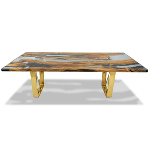Table à manger moderne en bois massif et résine époxy, pieds en métal doré, rectangulaire, faite à la main, mobilier de maison, 6 places, à assembler - Product Image 3
