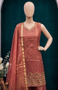 <b>Rust</b> orange fandy satin silk plazzo suit with multi thread sequence embroidery v neck <b>top</b> pant dupatta lace border party wear - Product Image 2