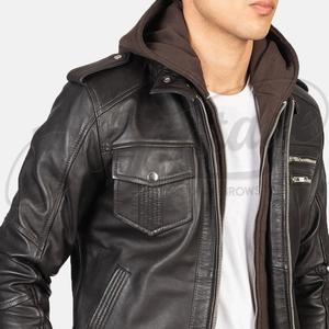 Veste cargo en cuir marron expresso pour homme, avec deux poches symétriques sur la poitrine, manteau en cuir véritable, parka à col haut, vente en gros - Product Image 1