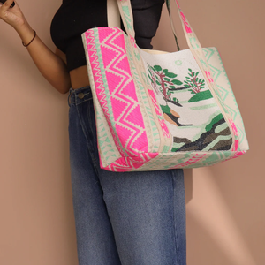 Sac fourre-tout brodé coloré à fermeture ouverte, sac à bandoulière Banjara, sac de shopping grand format fait main pour femme par Whimsy Art Craft - Product Image 4