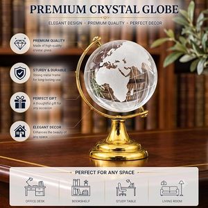 Globe terrestre en verre cristal avec support en métal doré, globe décoratif de table, ornement de bureau, décoration de luxe pour la maison et le bureau, cadeau - Product Image 3