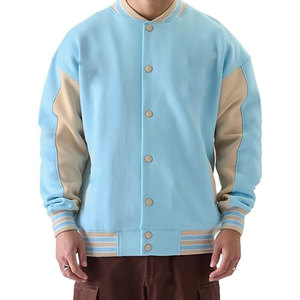 <b>Men's</b> Light Blue Varsity <b>Jacket</b> With Beige Panels Button Front Casual Autumn Wear - Product Image 1