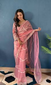 Haut de sari en soie brodé rose, non cousu, longueur ras du sol, orné de perles, style traditionnel indien pakistanais, pour mariage et fête - Product Image 3